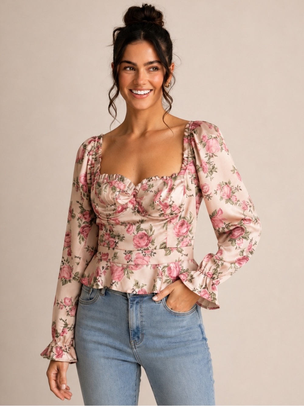 ASTR Floral Long Sleeve Ruffle Peplum Smocked Blouse Pink Roses Size S NWOT